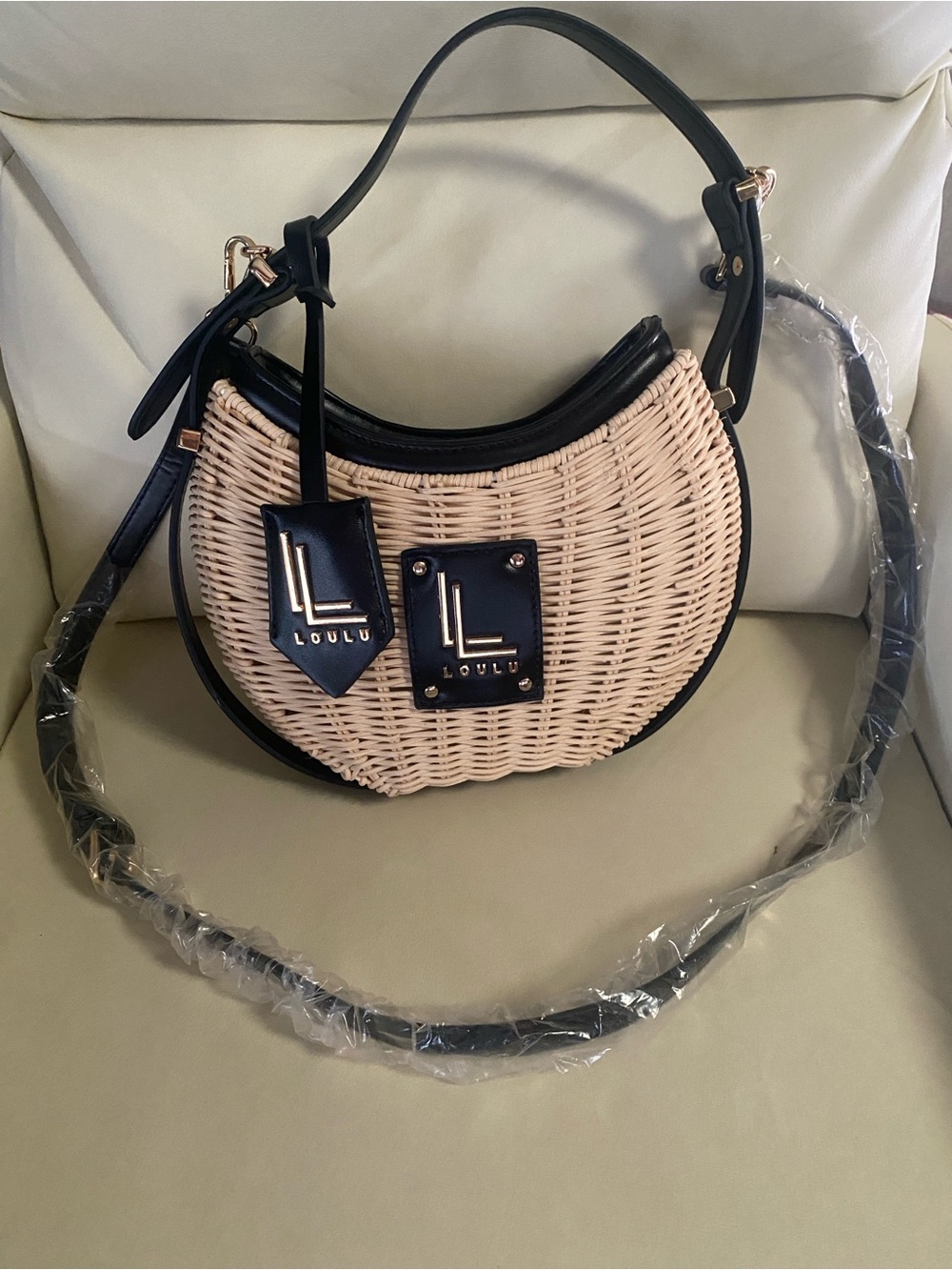 Loulu Woven Crescent Shoulder Bag in Natural & Black